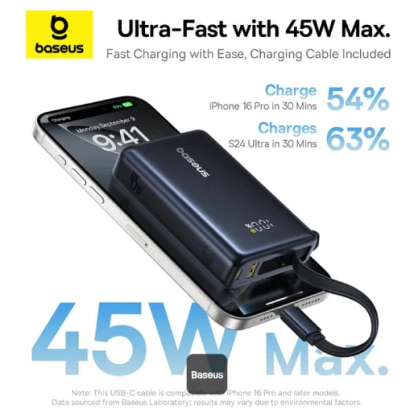 POWER BANK Baseus PicoGo, display, capacitate 10000mAh, 45W, cablu integrat USB Type-C, 1 x USB Type-C, 1 x USB, total 5V/3A, negru, "P10076803123-00" - 6932172678715 — miniatură