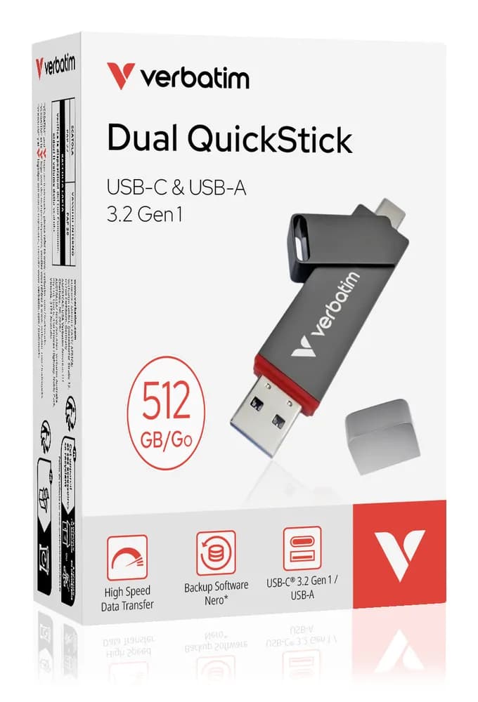 Memorie Verbatim Dual QuickStick. Capacity: 512 GB, Device interface: USB Type-A / USB Type-C, USB version: 3.2 Gen 1 (3.1 Gen 1), Read speed: 550 MB/s, Write speed: 500 MB/s. "32042" — miniatură