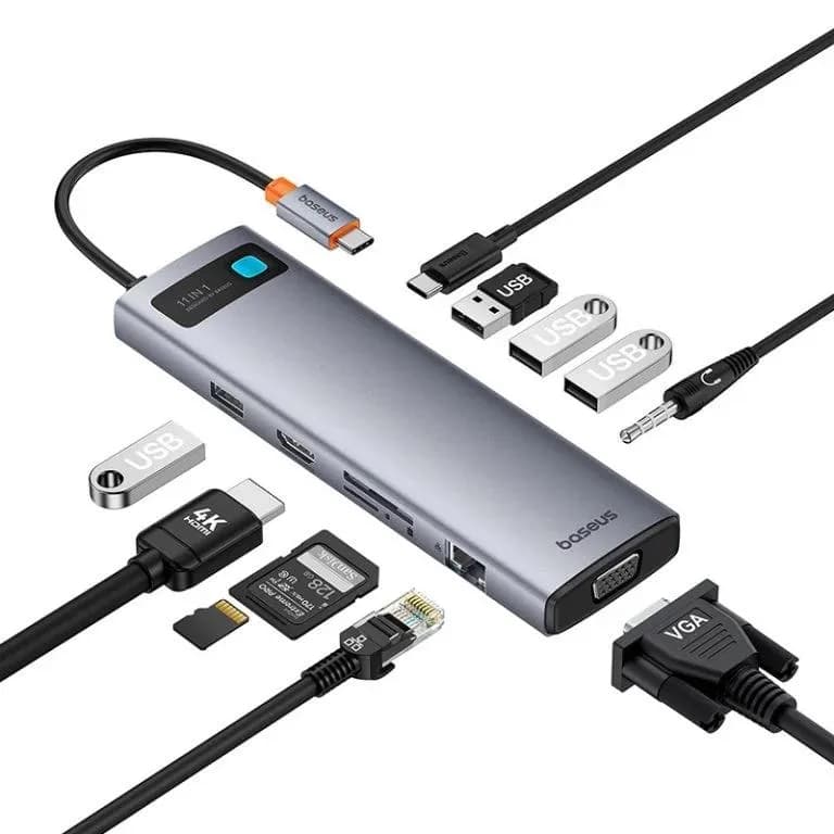 DOCKING Station Baseus Metal Gleam Series 11-in-1, conectare PC USB-C,Type-C to HDMI4K@60Hzx1+VGAx1,USB3.0x3,USB2.0x1+PDx1,RJ45x1,SD/TFx1,jack 3.5x1, gri "B00030709811-00" - 6932172636562 — miniatură