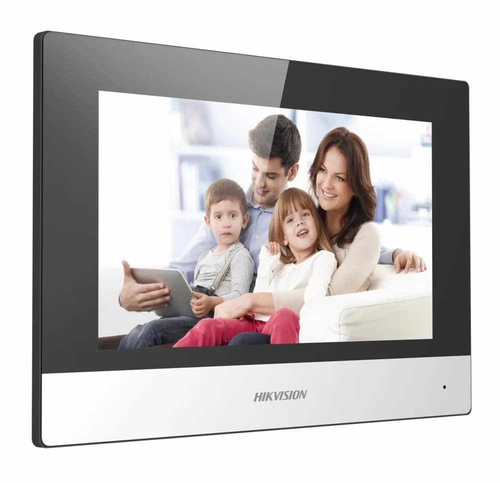 Monitor videointerfon WIFI modular 7" color Hikvision DS-KH6320-WTE1/EU;ecran LCD 7" color cu touch screeen, rezolutie ecran 1024 × 600; designmodern; Conectivitate: Retea wireless: Wi-Fi 802.11b/g/n; Network:10/100Mbps self adaptive network ; TCP/IP, SIP, RTSP; Comunicare audio videobidirectionala — miniatură