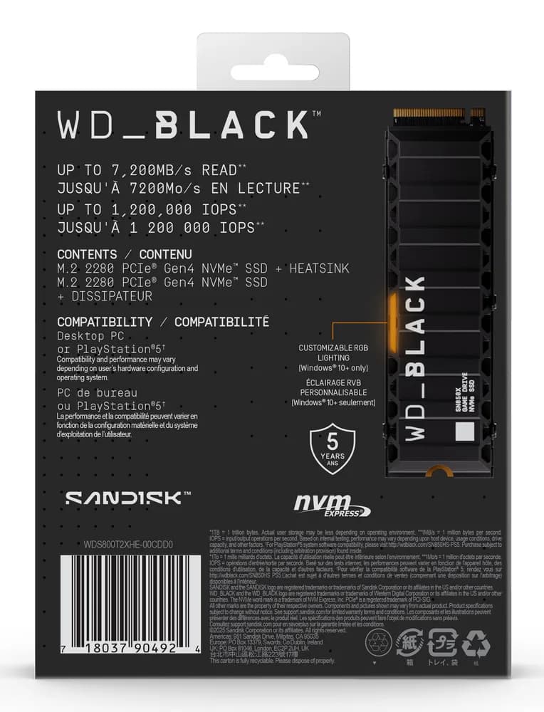 SSD WD Black SN850X HeatSink 8TB M.2 2280 PCIe Gen4 x4 NVMe, Read/Write: 7200/6600 MBps, IOPS 1200K/1200K, TBW: 4800 "WDS800T2XHE-00CDD0" — miniatură