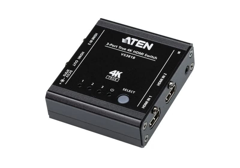 Switch 4K HDMI ATEN VS381B; rezolutie maxima 4096 x 2160 Video Type portul: HDMI. Material: Metal, Culoarea produsului: Negru, Rată maximă de reîmprospătare: 60 Hz. Consum de energie (tipic): 1,46 W. Lățime: 71,6 mm, Adâncime: 79 mm, Înălţime: 25,5 mm