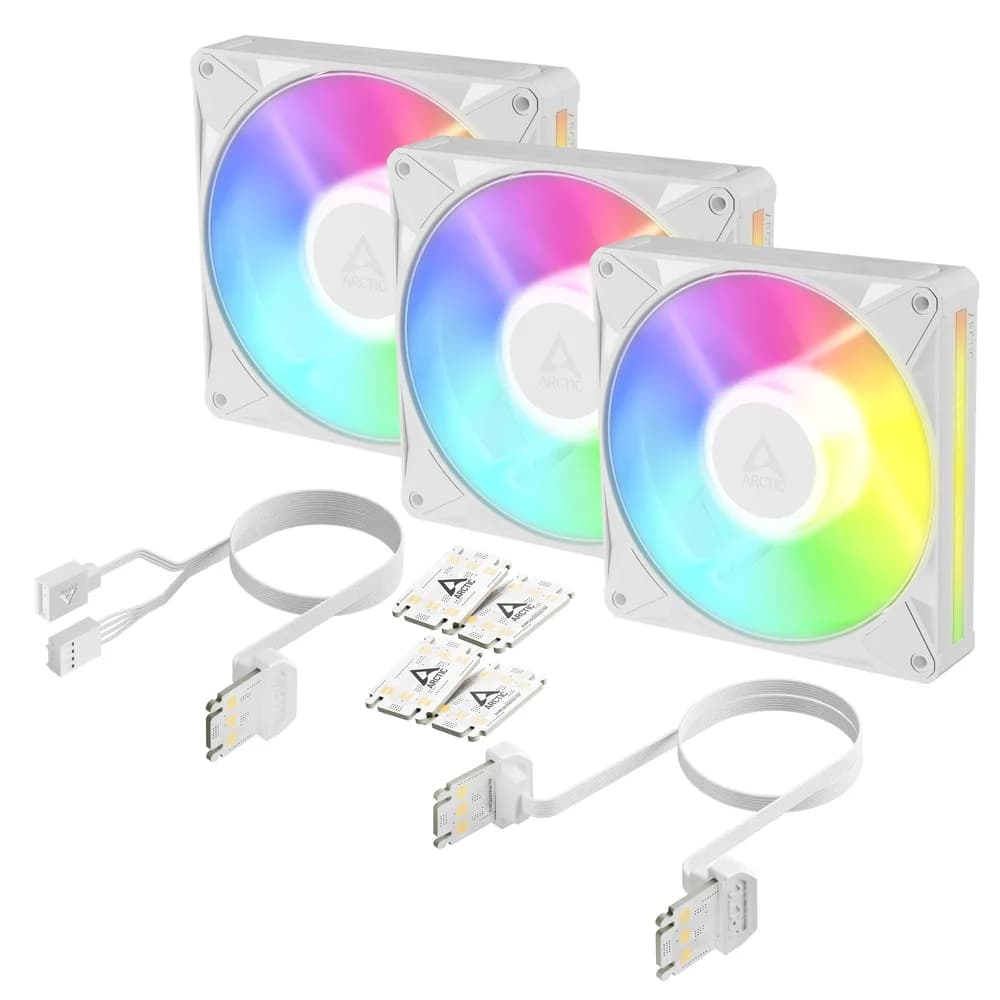 Set 3 ventilatoare Arctic "BioniX P14 A-RGB Wh", 140mm, 450 - 3000 RPM, FDB, 76 cfm, 4-Pin PWM | 3-pin ARGB, alb, "ACFAN00342A"