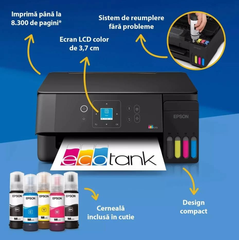 Multifunctional inkjet Epson EcoTank L3360, CISS, format A4, Color, USB + WIFI — miniatură