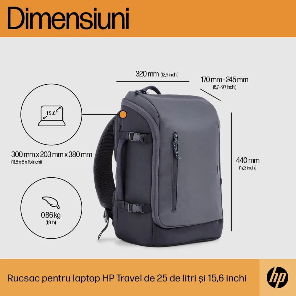HP Travel 25 Liter 15.6inch Iron Grey Laptop Backpack "6H2D8AA" — miniatură