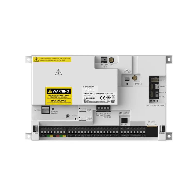 Centrala alarma hibrida AX PRO Hikvision DS-PA502-128, EN50131 GRADE 2, 8 zone pe placa, maxim 128 zone, 64 partitii, dual BUS, 64 echipamente pe BUS, suporta maxim: 32 tastaturi, 16x Expandor 8 zone, 32x Expandor 8 relee, 12 receptoare wireless, 15 surse alimentare, video verificare: 32 canale