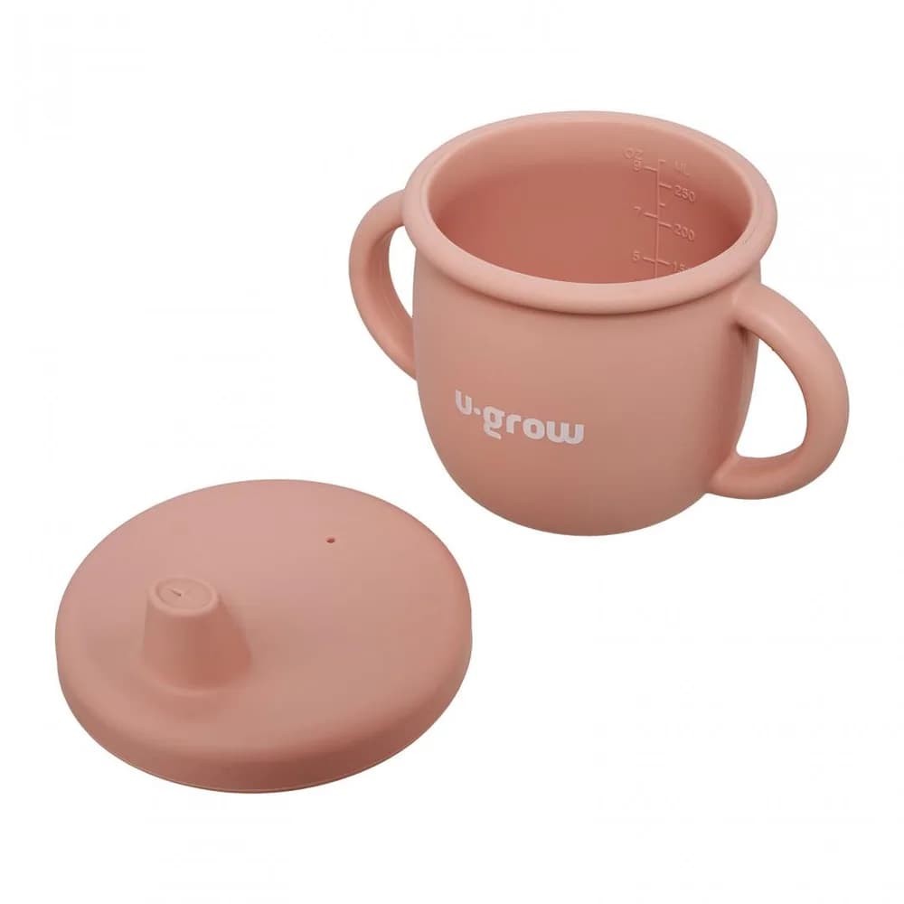 Set diversificare 3 piese silicon : bol, farfurie si cana cu cioc, roz, U-Grow — miniatură