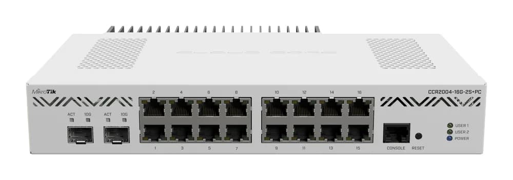 MIKROTIK ETHERNET ROUTER CCR2004-16G-2S+PC, 16 X 10/100/1000, 2XSFP+ Ports, CPU: AL32400 1200Mhz, Dimensiuni: 272 x 195 x 44 mm, Sistem operare:RouterOS v7, 4GB RAM, 128 MB NAND, IP20. — miniatură