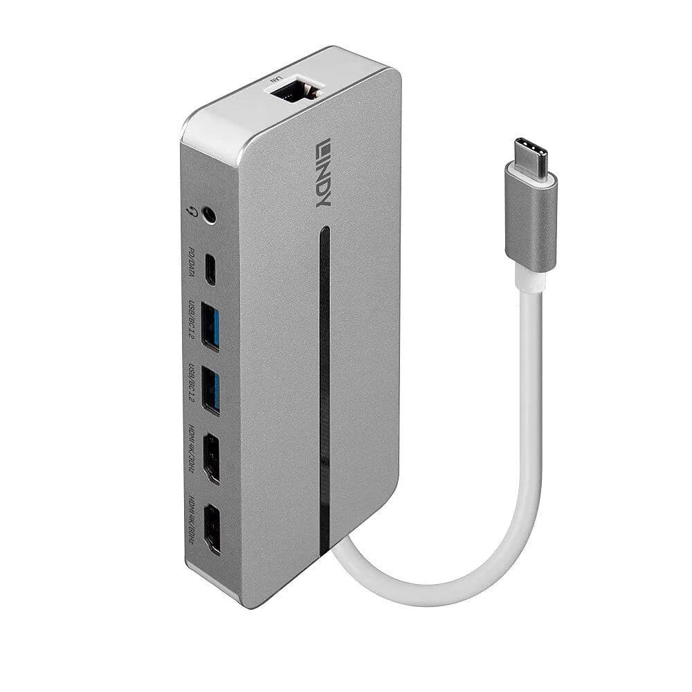 Hub USB LINDY DST-Mx Duo, USB-C, 10 porturi, HDMI, RJ-45, Argintiu — miniatură