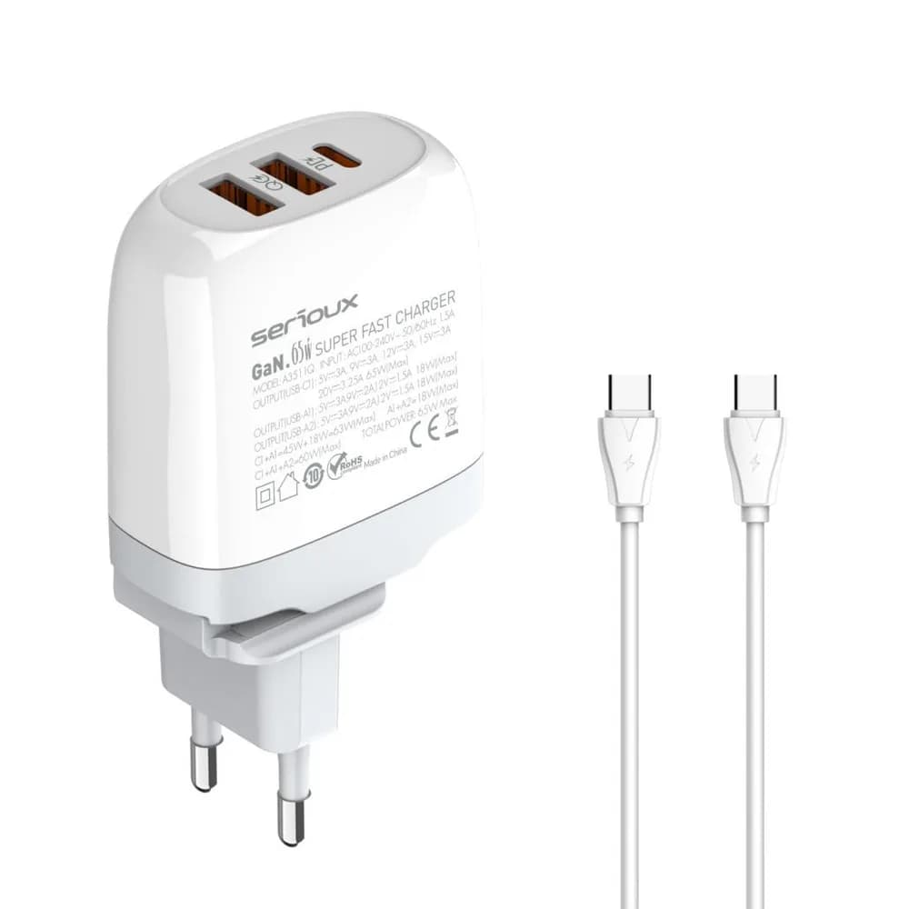 Incarcator retea Serioux 65W GAN QC, Intrare: AC100-240V~ 50/60Hz 1.5A, Ieșire (USB-C1): 5V-3A 9V-3A 12V-3A 15V-3A 20V=3.25A 65W(Max), Ieșire (USB-A1): 5V-3A 9V-2A 12V=1.5A 18W(Max), Ieșire (USB-A2): 5V-3A 9V-2A 12V 1.5A 18W(Max), A1+A2=18W(Max), C1+A1=45W+18W=63W(Max), C1+A1+A2= 60W(Max), Total — miniatură