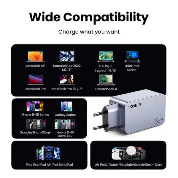 INCARCATOR retea Ugreen, Nexode "X757" Quick Charge 100W GaN, 1 x USB, 2 x USB Tpe-C, include cablu USB Type-C la USB Type-C 240W 1.5 m, gri "25874" - 6941876228744 — miniatură