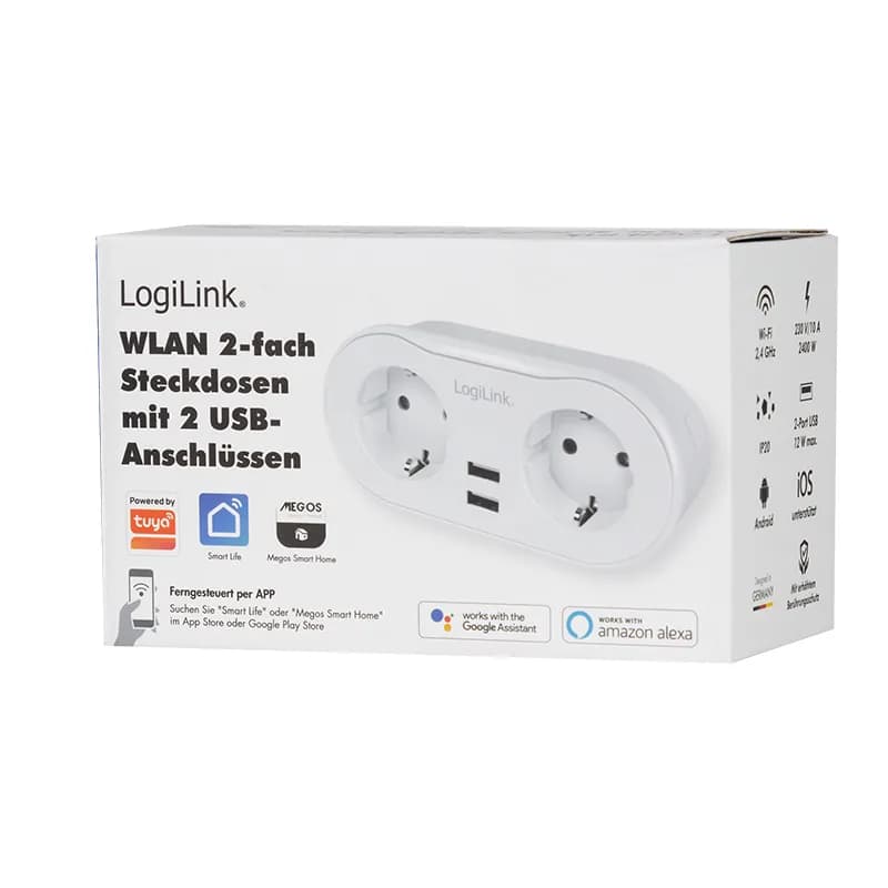 PRIZA INTELIGENTA LOGILINK, Wi-Fi Smart,Schuko x 2, USB x 2 5V/2.4A max. 12W,prot. Supracurent / supratensiune, IP20, compatibil TUYA, Amazon Alexa si Google Home, alb "SH0102" (include TV 0.18lei) — miniatură