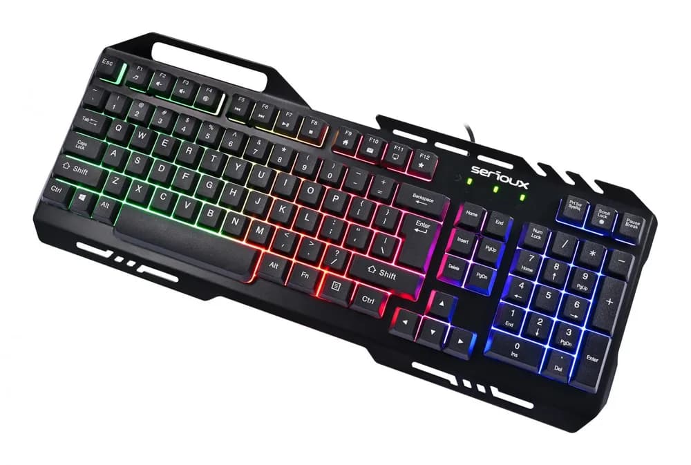 Kit Gaming Serioux Tobis 3 in 1, Tastatura de gaming, 104 taste, 7 taste Anti-ghosting, design slim, iluminare rainbow, structura metalica + taste negre, suport telefon, cablu USB 1.5M PVC, plug and play; Mouse gaming, senzor Sunplus 192, 1000-6400 DPI, switch HUANO, pana la 20 milioane de — miniatură