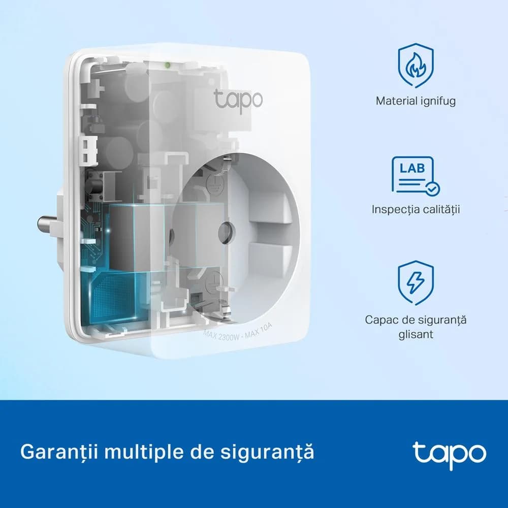 TP-LINK TAPO P100M Mini priză Wi-Fi smart, compatibilă cu Matter, WIFI Protocol: IEEE 802.11b/g/n, Bluetooth, 2.4Ghz, Dimensiuni: 72 × 51 × 40 mm, Cerinte de alimentare: 100-240V~, Incarcare maxima: 2,300W, 10A. — miniatură