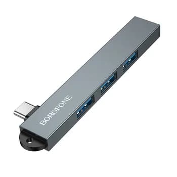 HUB extern Borofone "FH1", conectare PC prin USB 2.0 la: USB 2.0 x 3 si USB 3.0 x 1, metalic, argintiu, "6941991126123" — miniatură