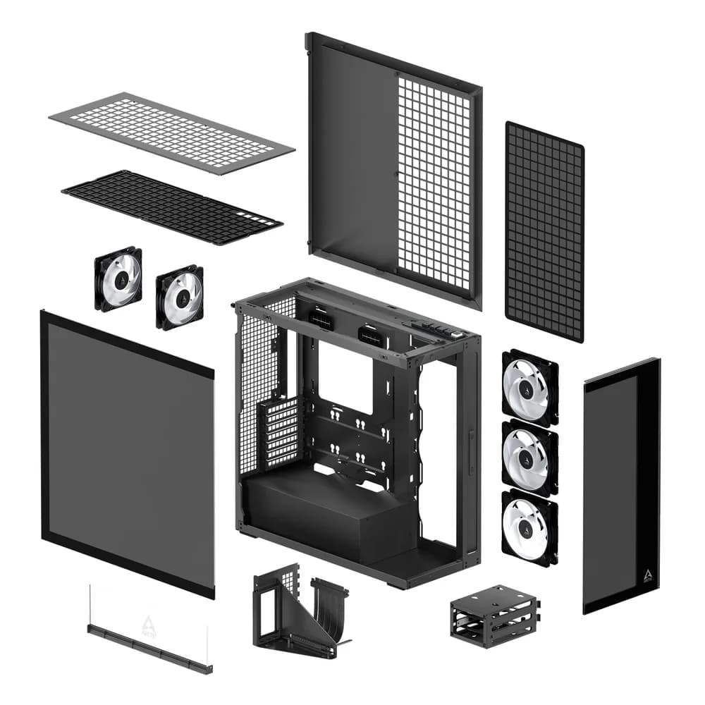 CARCASA Arctic "Xtender VG BK", mid tower, max 8xfan, 3x P14 Pro R A-RGB si 2x P12 Pro A-RGB instalate, shroud 24 LED ARGB, USB-C x 1, USB 3.2 x 2, audio+mic, 7 sloturi exp, GPU vertical, riser PCIe 4.0, negru, "ACPCC00016A" — miniatură