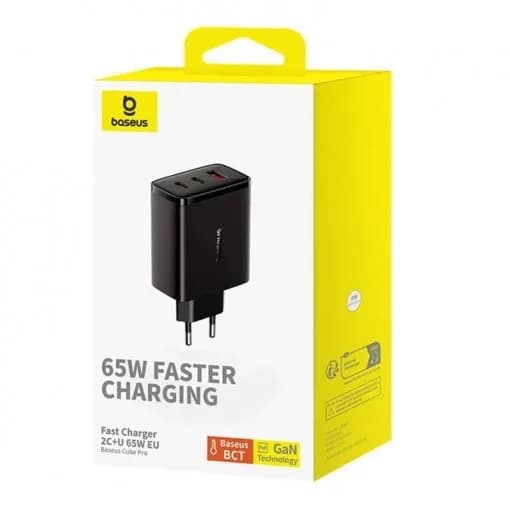 INCARCATOR RETEA Baseus Cube Pro, Quick Charge 65W, 2 x USB Type-C Output 5V/3A, 1 x USB, negru "P10152301113-00" - 6932172641474 — miniatură