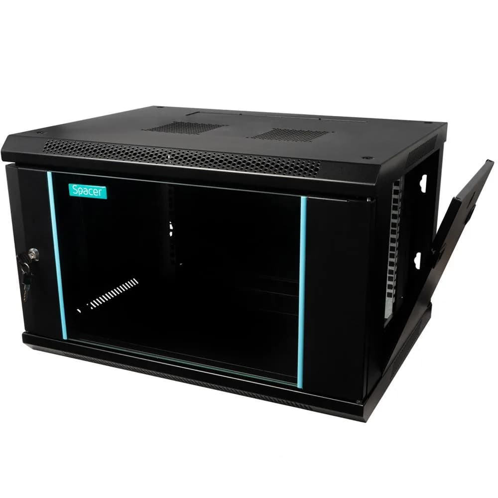 CABINET 19″ SPACER 6U 600x450mm, fixare pe perete, Flatpack (dezasamblat), Black, usa sticla cu blocare, panouri detasabile, otel 1.5mm, sarcina maxima 60Kg — miniatură