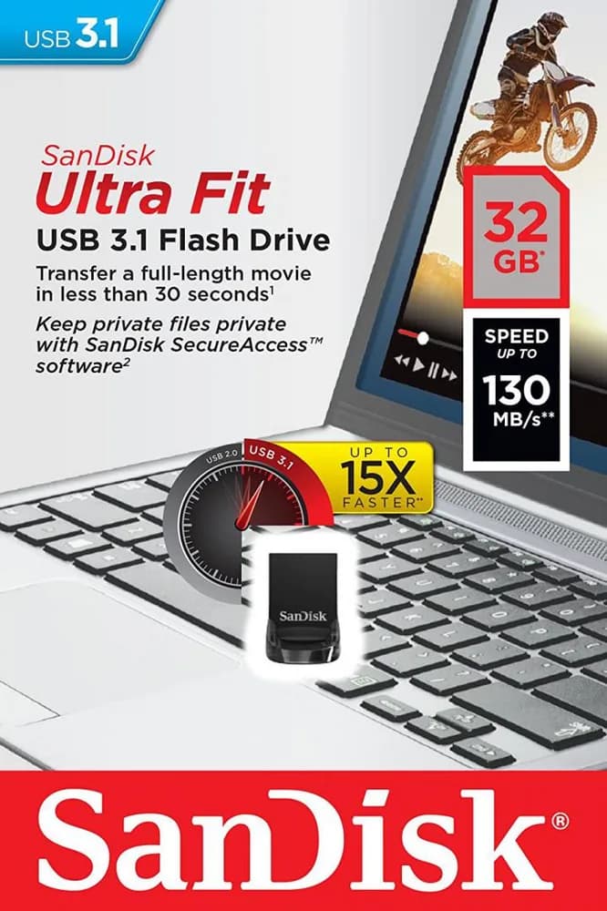 Memorie USB SanDisk Ultra Fit 32 GB, USB 3.1, Negru — miniatură