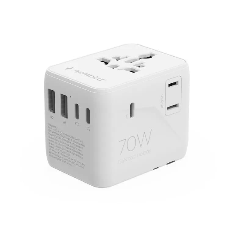 ADAPTOR GEMBIRD, universal, conectori: US/UK/EU/AU, 2x USB Type-C PD 70W, 2x USB-A 15W, siguranta 10A, max. 2500W, alb, "TPA-2A3C70-01-W" — miniatură