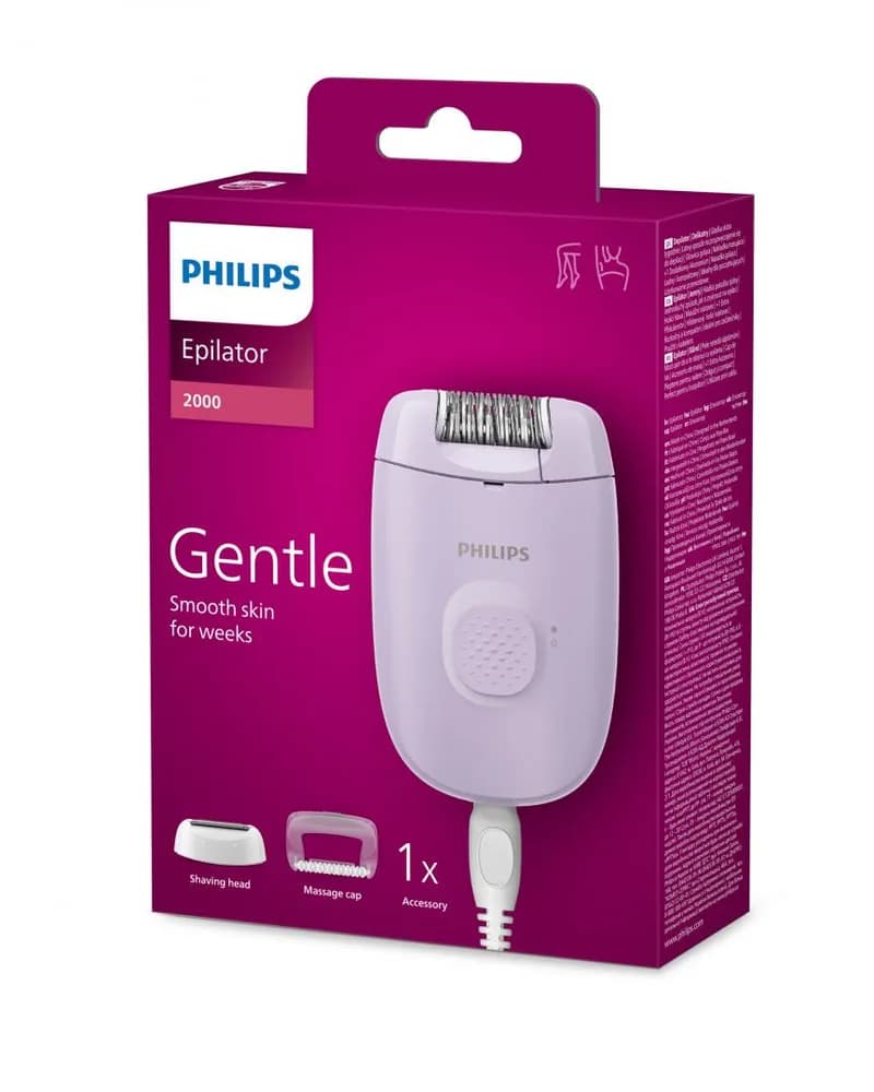 Epilator cu fir PHILIPS Seria 2000 BRE237/00, 1 viteza, 2 accesorii, Retea, Lila, L x A x I (mm) 110x40x145 — miniatură