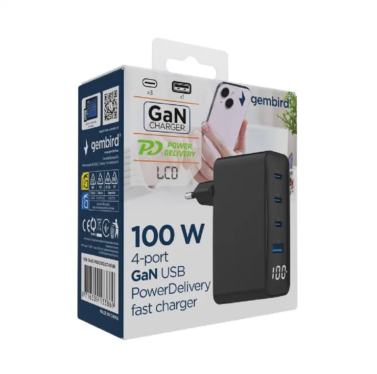 ALIMENTATOR retea 220V GEMBIRD, universal, 1 x USB-A QC3.0 + 3 x USB-C 3A, max. 100W PD GaN, LCD, protectie: scurtcircuit, supraincarcare, supratensiune, supraincalzire, negru, "TA-UC-PDQC100LCD-01-BK" — miniatură