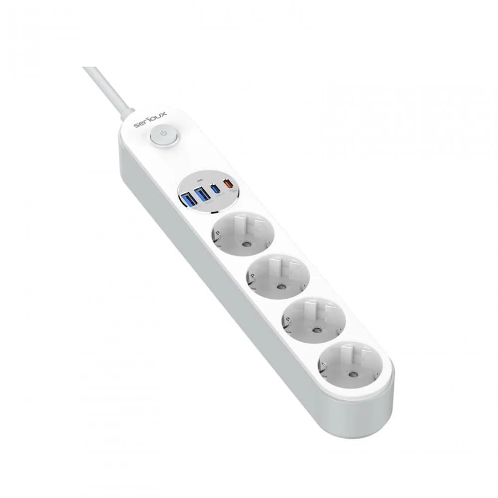 Prelungitor cu protectie Serioux SRXP-PS44W, 4 prize schuko, Tensiune intrare: 100-240V, 50-60Hz, Tensiune ieşire (total): 2500W-10A, 4 porturi USB (auto max), USB-C1-20W si USB-C2/A1/A2-12W, Amperaj port USB (max): 3.4A, Funcţie auto ID — miniatură