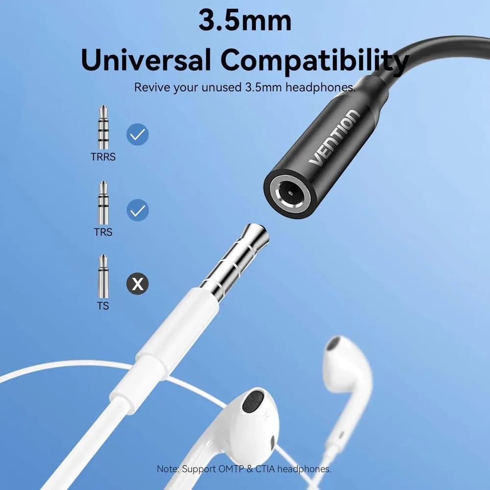 Adaptor audio Vention, USB-C (T) la Jack 3.5mm (M), 0.1m, PVC, negru, "BIIBA" -6922794792692 — miniatură