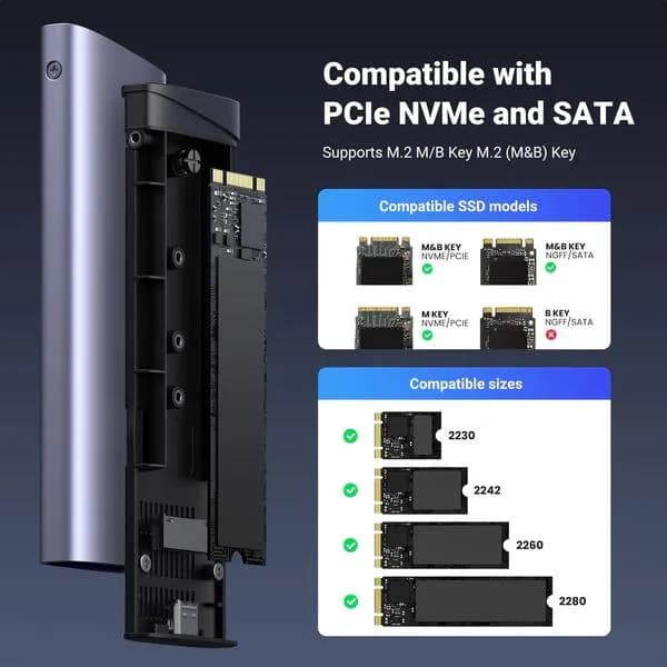 RACK extern Ugreen, "CM767" pt SSD M.2 NVMe/SATA compatibil cu form factor 2280, 2260, 2242 si 2230, cablu 50 cm USB-C 3.1 la USB Type-C 3.1, aluminiu, gri "15813" - 6941876218134 — miniatură