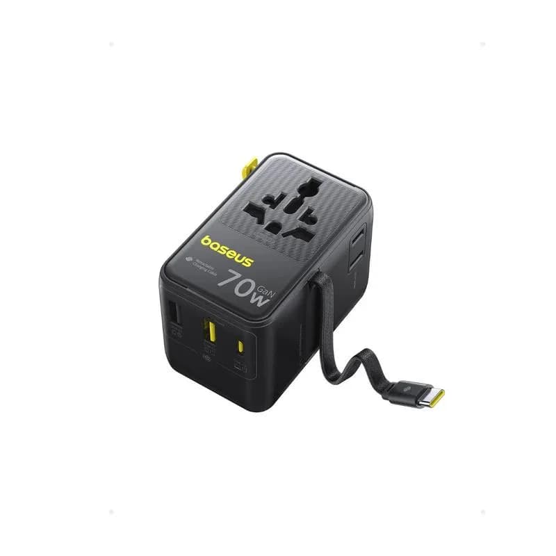 INCARCATOR retea Baseus EnerCore CG11, 70W, adaptor universal de retea, 2 x AC, 2 x USB, 2 x USB Type-C, cablu retractabil USB Type-C, negru "E0307E00" (include TV 0.18lei) - 6932172696474 — miniatură