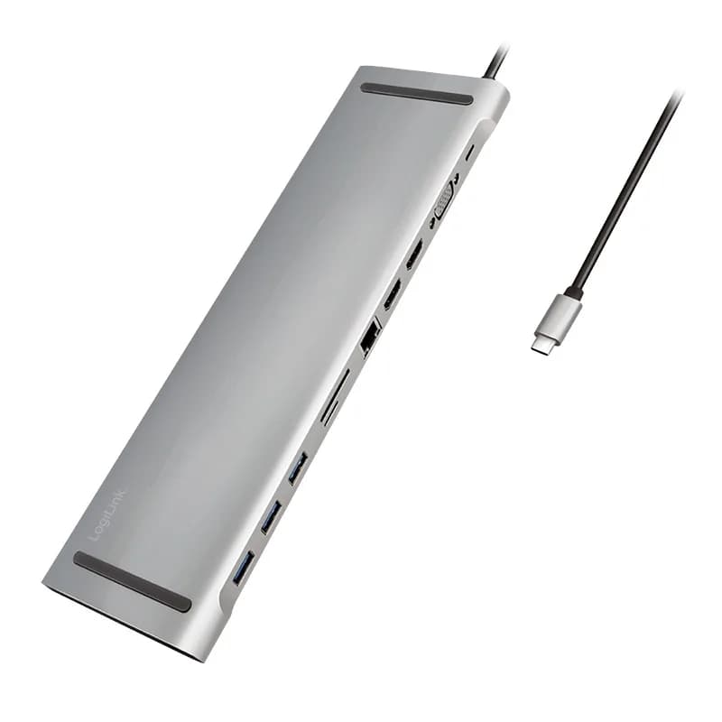 DOCKING Station LOGILINK universal, conectare PC USB TYPE-C 3.2, USB 3.0 x 3, porturi video VGA x 1, HDMI x 2, RJ-45, card reader, PD 3.0 pana la 100W, argintiu, "UA0373" — miniatură