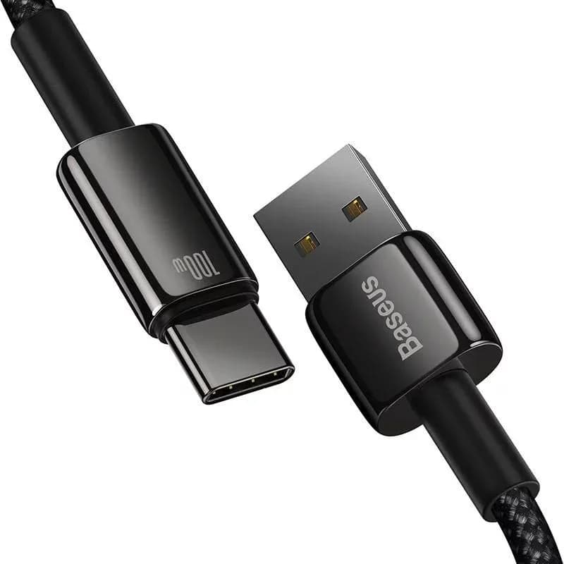 Cablu alimentare si date Baseus, Fast Charging Data Cable pt. smartphone, USB la USB Type-C (T), 100W, 480Mbps, aliaj zinc, braided(nylon), 2m, negru — miniatură