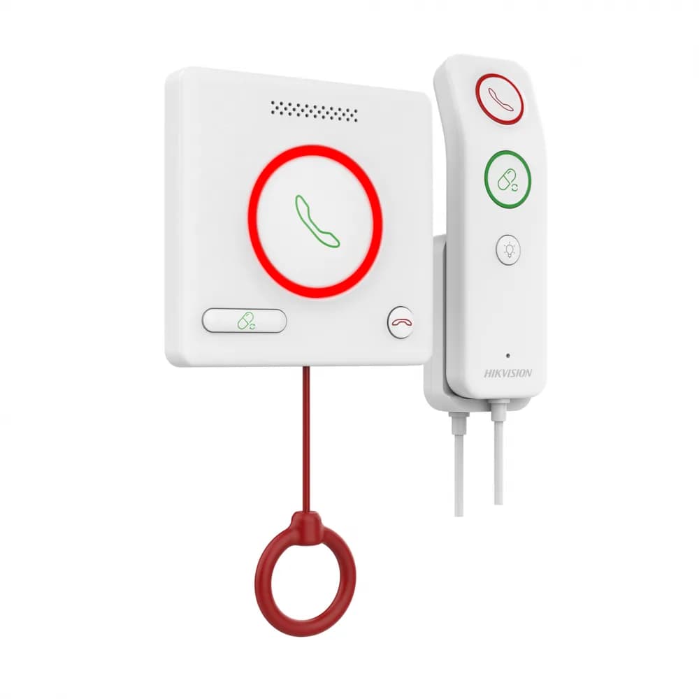 BUTON DE APELARE MEDICALA cu telecomanda Hikvision DS-KHH6020X-H; 1x RJ45 port, alimentare: DC12V/private POE, protectie: IPX5 Intercomunicare bidirecțională și alarme inteligente: – Comunicarea vocală clară între pacienți și personalul medical (statia de management a personalului medical) este