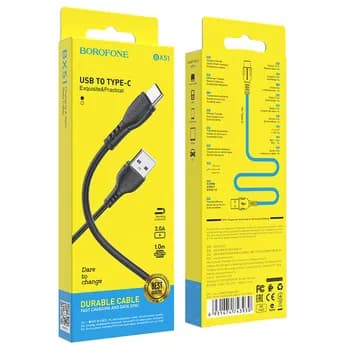 CABLU alimentare si date Borofone "BX51", Charging Data Cable pt. smartphone, USB la USB Type-C, 3A, 1m, negru "6931474743930" — miniatură
