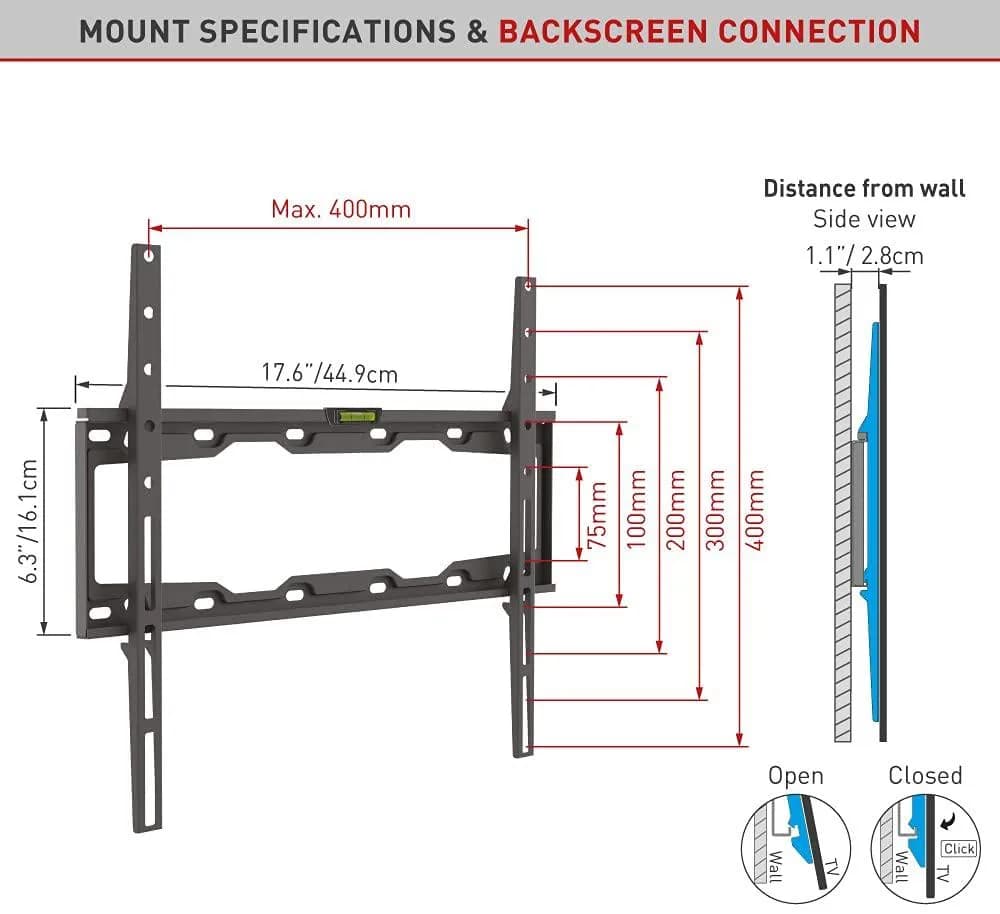 Suport TV de perete, Barkan E302+.B, Fix, 19"- 65", VESA 400 x 400 mm, suporta pana la 50kg, negru — miniatură