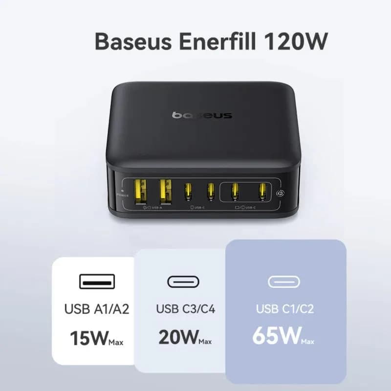 INCARCATOR retea Baseus EnerFill FH21, Quick Charge 120W, 4 x USB Type-C, 2 x USB, negru "E0120T00" - 6932172698331 — miniatură