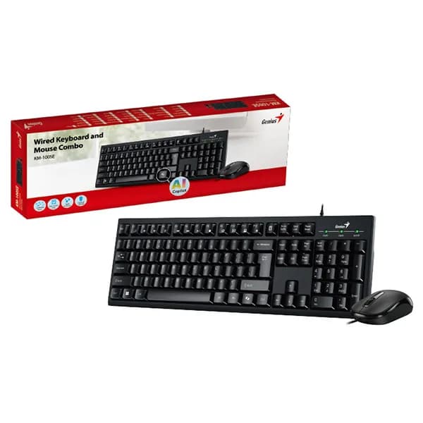 KIT wired GENIUS USB, tastatura 104 taste (concave) + mouse optic 1200dpi, 3 butoane, AI key, black, "KM-100SE" "31330009400" — miniatură