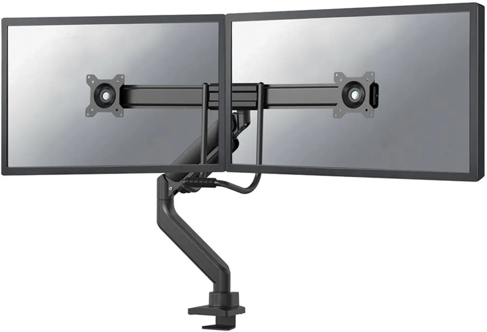 Brat dublu pentru monitor Neomounts, tip full motion, pentru display-uri cu diagonale 17"-32", sistem de prindere VESA 75x75~100x100mm, greutate maxima suportata 8kg per ecran, tilt +10°, -10°, swivel +90°, -90°, rotate +180°, -180°, reglabil pe inaltime 28cm, ajustarea latimii 54cm, ajustarea