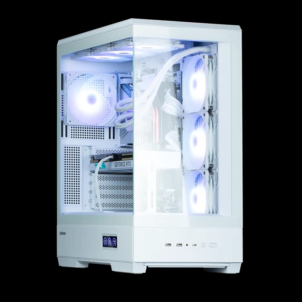 CARCASA Zalman "P50 DS", middle tower, gaming, fara sursa, suporta 10xfan, 4xfan inclus, PSU shroud, afisaj electronic, USB Type-C x 1, USB 3.1 gen1 x 2, audio+mic, 7 sloturi expansiune, alb, "P50 DS White" — miniatură