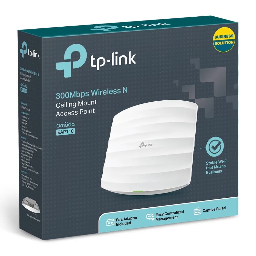 ACCESS POINT TP-LINK wireless 300Mbps, port 10/100Mbps, 2 antene interne, pasiv PoE, montare pe tavan, "EAP110" — miniatură