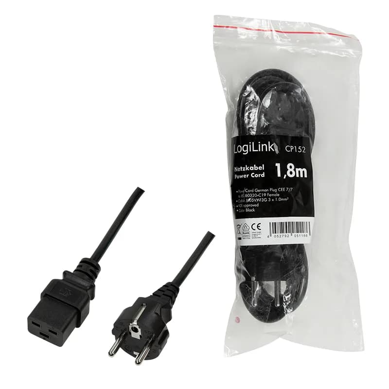 CABLU alimentare LOGILINK 1.8m, intrare Schuko, iesire C19, 16A, testat VDE, 3x1mm, black, "CP152" — miniatură