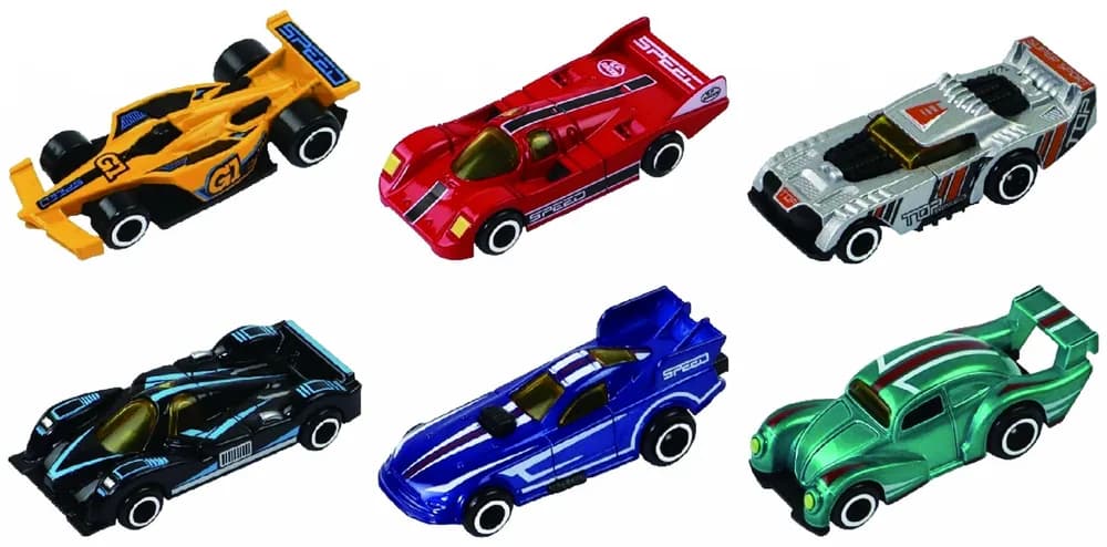 MACHETA DIE CAST, SET 3 MASINI CURSE, SCARA 1/64, 7.5CM, DIVERSE MODELE SI CULORI- VERDE, ALB, ROSU, BLEU, GRI, ALBASTRU DESCHIS, PORTOCALIU, NEGRU, ALBASTRU, PORTOCALIU DESCHIS, GALBEN — miniatură