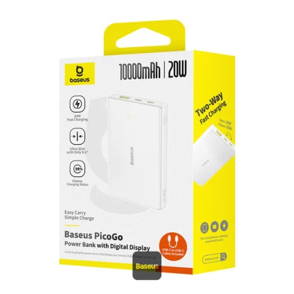 POWER BANK Baseus PicoGo, 10000mAh, 20W, 2 x USB Type-C, 1 x USB, cablu inclus USB Type-C la USB Type-C 30cm, alb, "P10076801213-00" - 6932172684488 — miniatură