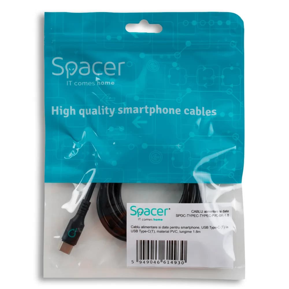 CABLU alimentare si date SPACER, pt. smartphone, USB Type-C (T) la USB Type-C(T), PVC, ambalaj punga, 1.8m, negru "SPDC-TYPEC-TYPEC-PVC-BK-1.8" — miniatură