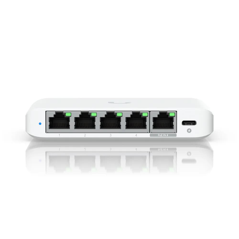 Ubiquiti 5-port 2.5G switch that can be powered with PoE or a USB-C adapter; 4x 2.5 GbE ports, 2.5 GbE PoE input port for power "USW-FLEX-2.5G-5-EU"