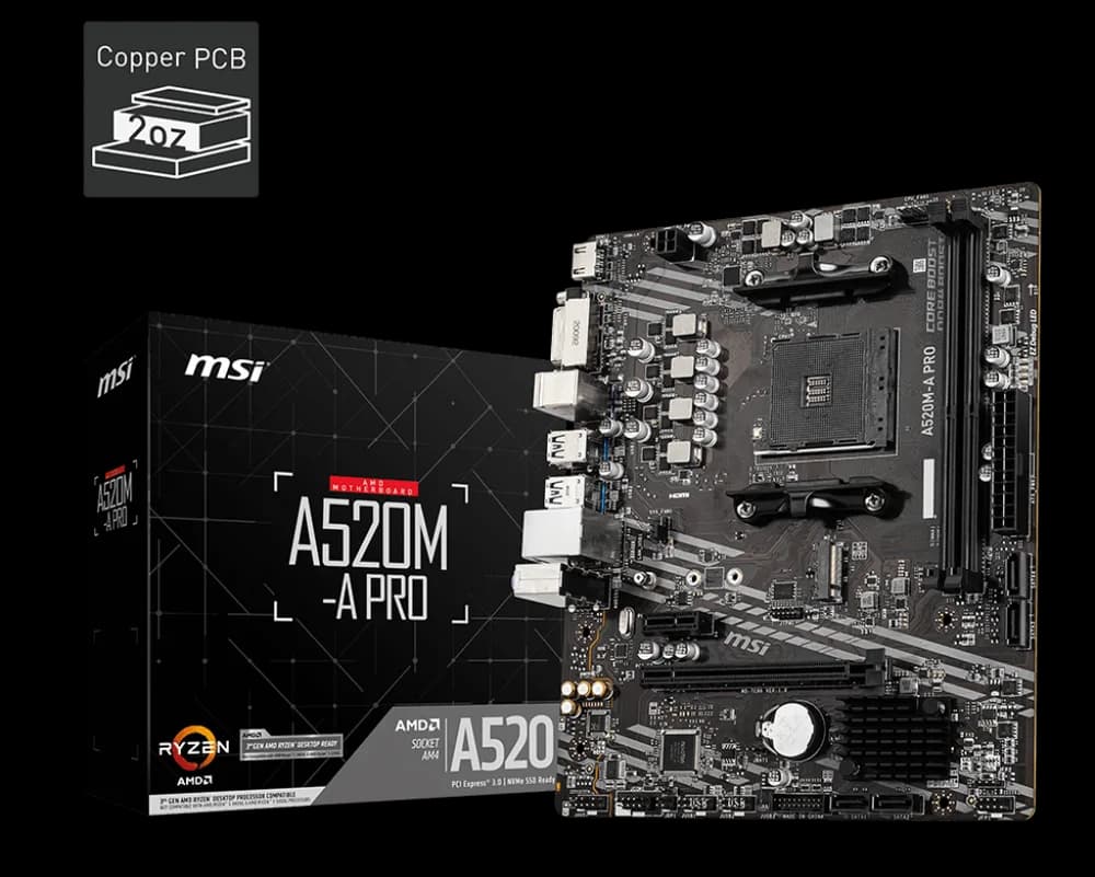 PLACA de BAZA MSI "A520M-A PRO", skt AM4, mATX, AMD A520, 2 x DDR4, max. 64 GB, 4 x SATA, 1 x M.2, 7.1, "A520M-A PRO" — miniatură