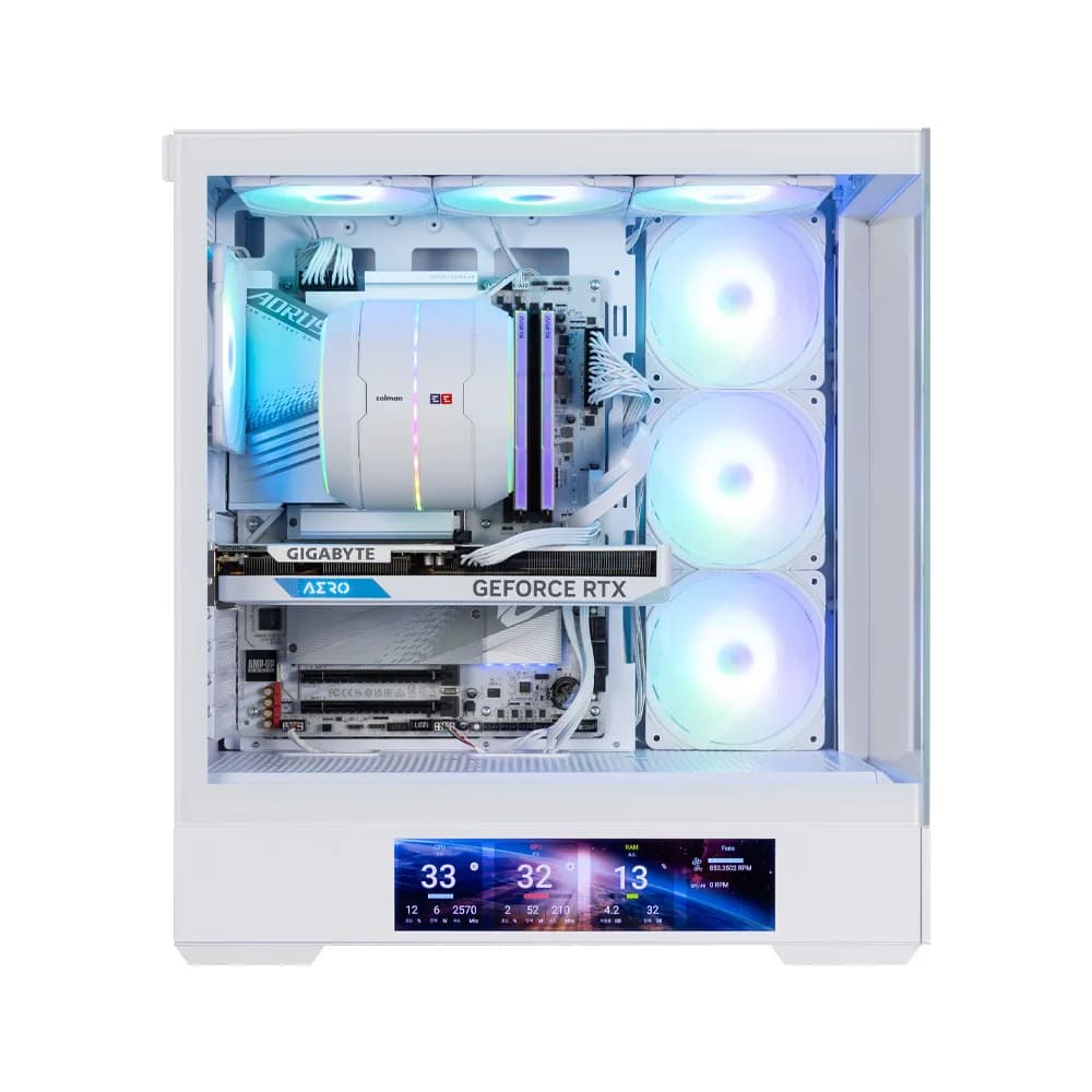 CARCASA Zalman "P40 DS", middle tower, gaming, fara sursa, suporta 10xfan, 4xfan inclus, PSU shroud, display 9.1inch, MB BTF, USB Type-C x 1, USB 3.1 gen1 x 2, audio+mic, alb, "P40 DS White" — miniatură