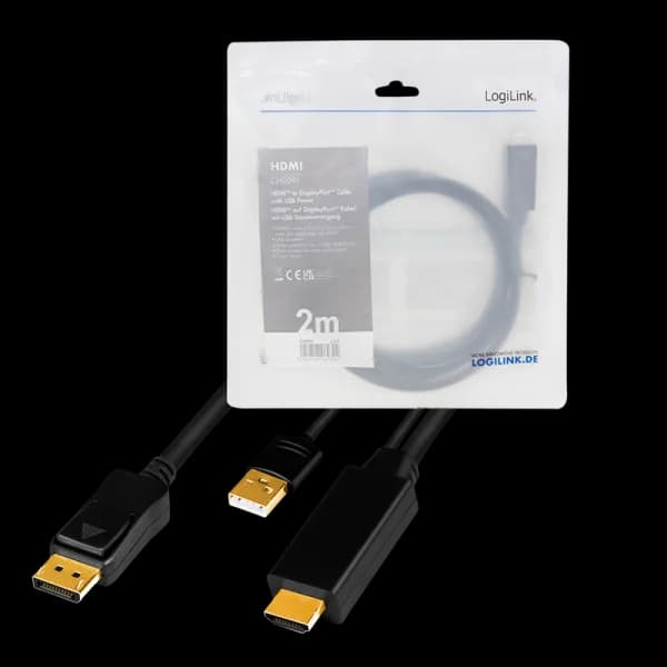 CABLU video LOGILINK, HDMI (T) 1.4 + USB (T) la DisplayPort (T) 1.2, 2m, conectori auriti, rezolutie maxima 4K (3840 x 2160) la 30 Hz, plastic, triplu ecranaj, USB powered, negru, "CH0091" — miniatură