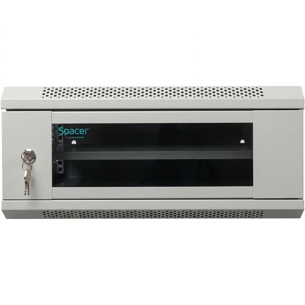 CABINET 19" SPACER 4U 500x450mm, fixare pe perete, Flatpack (dezasamblat), Grey, usa sticla cu blocare, panouri detasabile, otel 1mm, sarcina maxima 25Kg, contine un raft, "SPCW-4U-450-GR-02" — miniatură