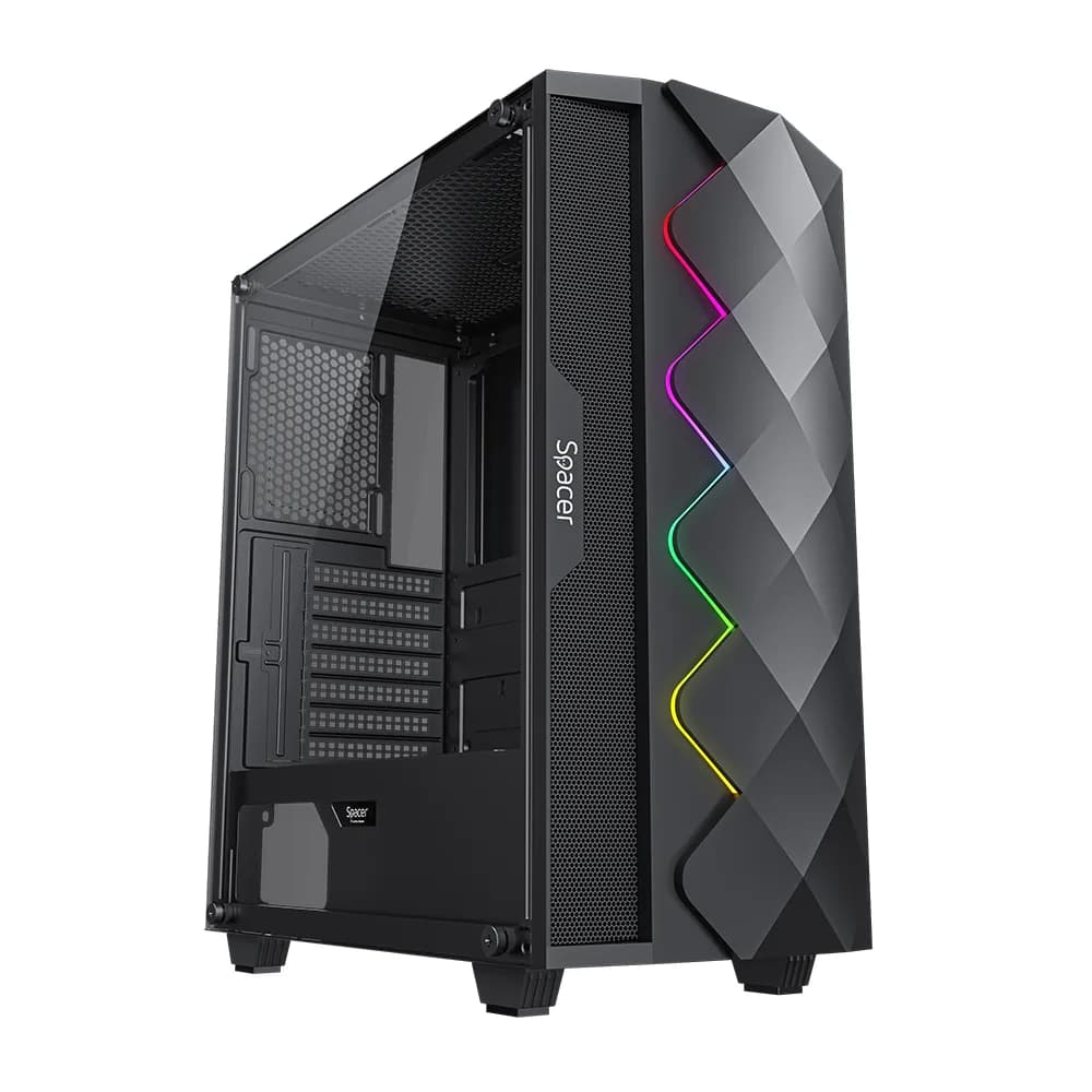 CARCASA SPACER - gaming, Middle Tower, ATX, "QUARTZ", fara sursa, sticla securizata, USB 2.0 x 1, USB 3.0 x 1, HD audio, PSU shroud, banda ARGB, mesh x 2, black "SPCS-GC-QUARTZ"